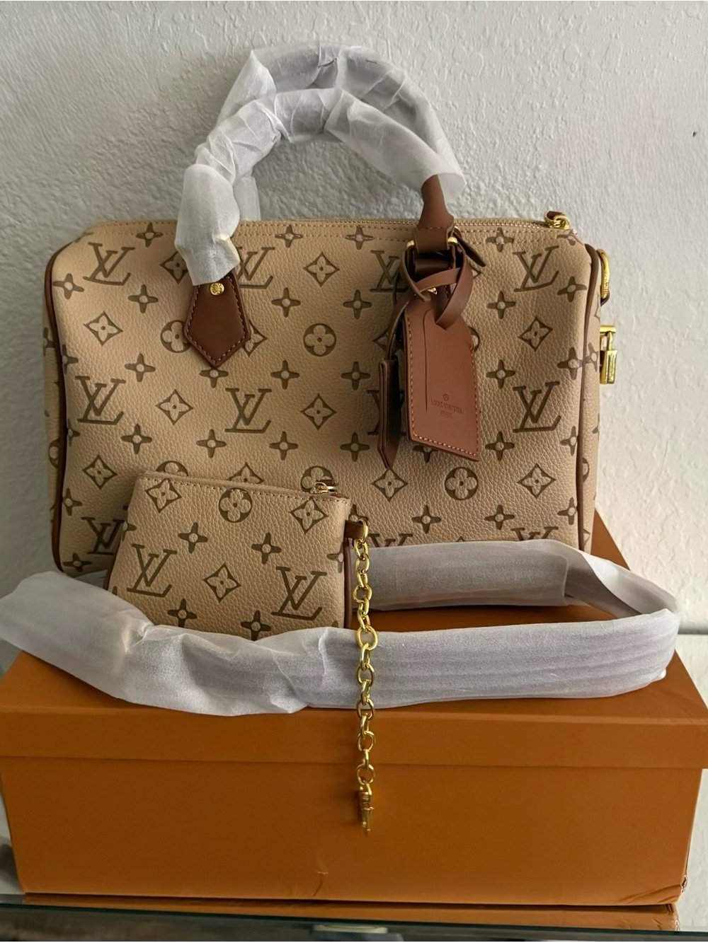 Beige with Pouch and Gold Hardware 12 inch